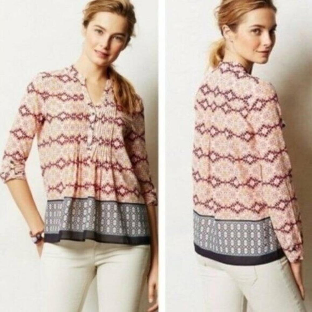 HD In Paris Multicolor Boho Geo Print Split Neck Blouse Size 0 Lightweight Chic
